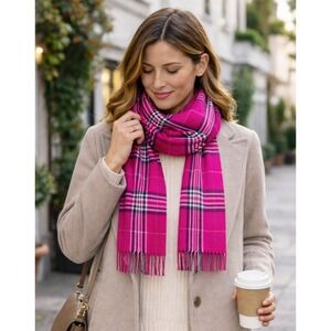 Womens 100% Cashmere Pink Tartan Plaid Scarf Quiet Luxury Fringe Scotland Preppy